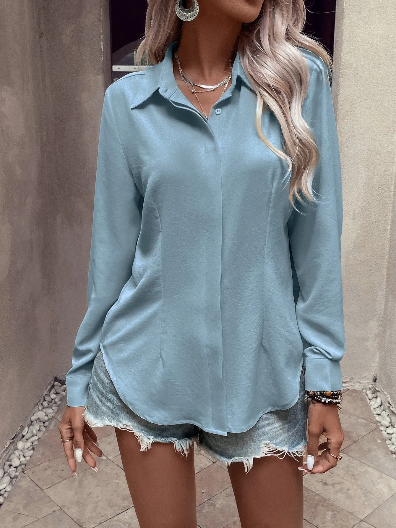 Curved Hem Hidden Button Through Shirt