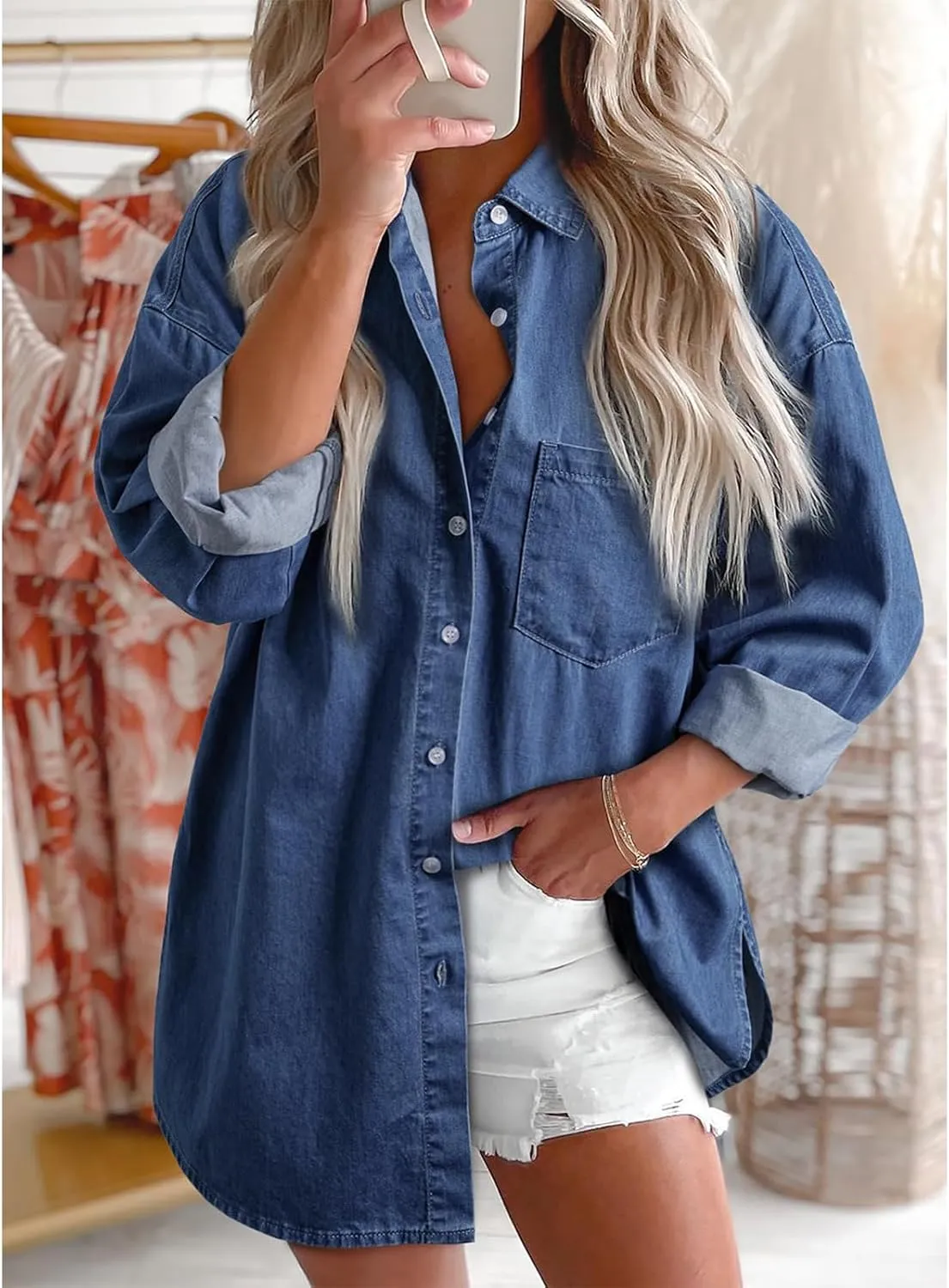 Denim Jacket for Women Frayed Hem Ripped Distressed Jean Jacket Oversized Long Sleeve Button Down Shirt Shacket