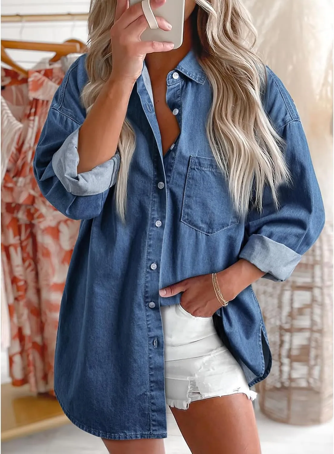 Denim Jacket for Women Frayed Hem Ripped Distressed Jean Jacket Oversized Long Sleeve Button Down Shirt Shacket