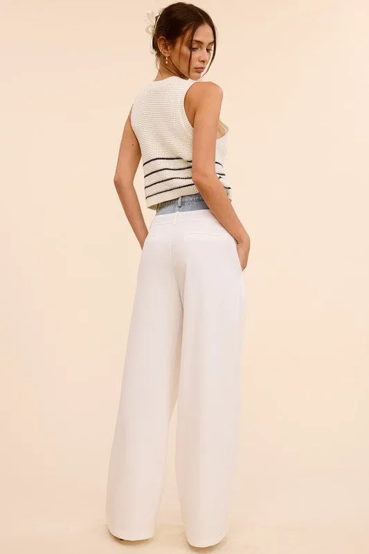 Denim Waistband Solid Wide Leg Trousers