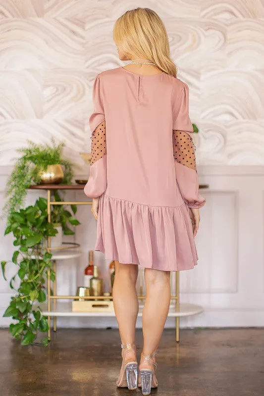 Dusty Pink Satin Dress With Polka-dot Mesh Trim