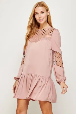 Dusty Pink Satin Dress With Polka-dot Mesh Trim