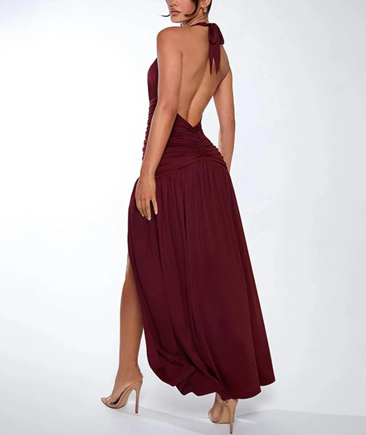 Ekaliy Women's Sexy Halter Deep V Neck Maxi Dress Sleeveless Backless High Slit Ruched Long Dress Summer Party Cocktail Dress