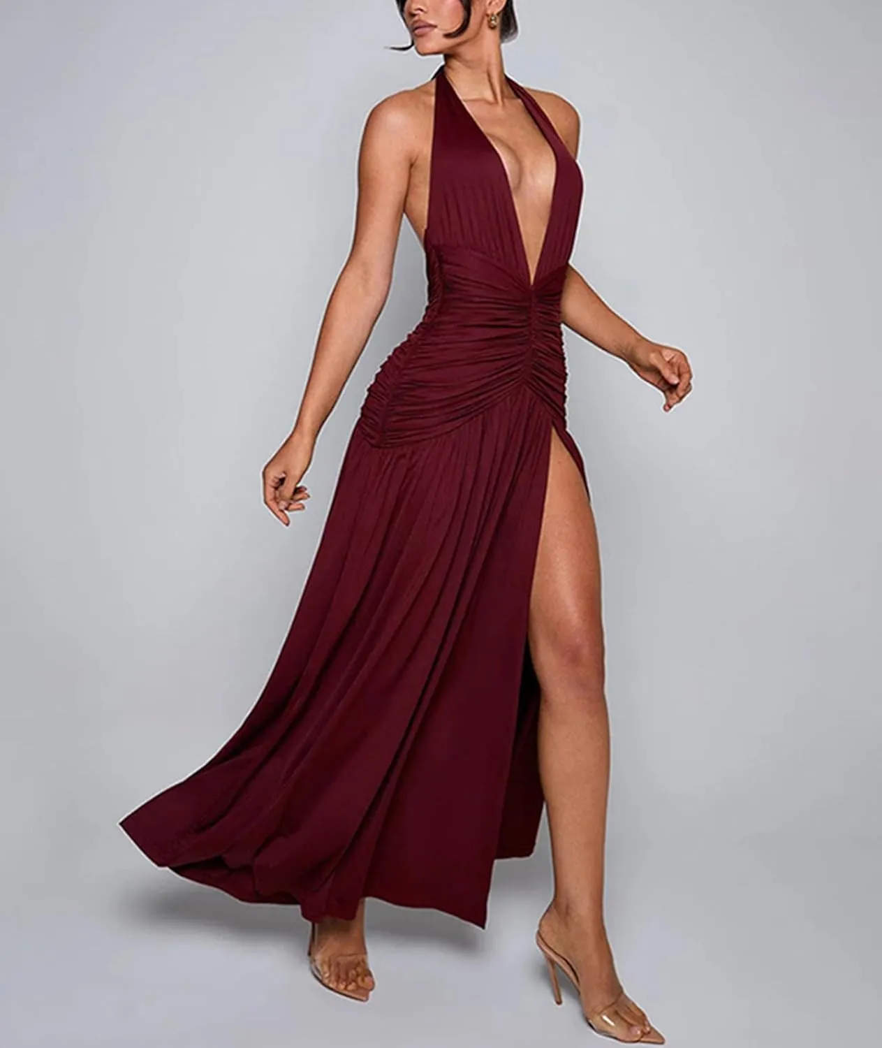 Ekaliy Women's Sexy Halter Deep V Neck Maxi Dress Sleeveless Backless High Slit Ruched Long Dress Summer Party Cocktail Dress