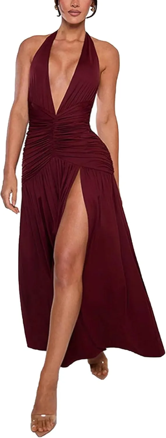 Ekaliy Women's Sexy Halter Deep V Neck Maxi Dress Sleeveless Backless High Slit Ruched Long Dress Summer Party Cocktail Dress