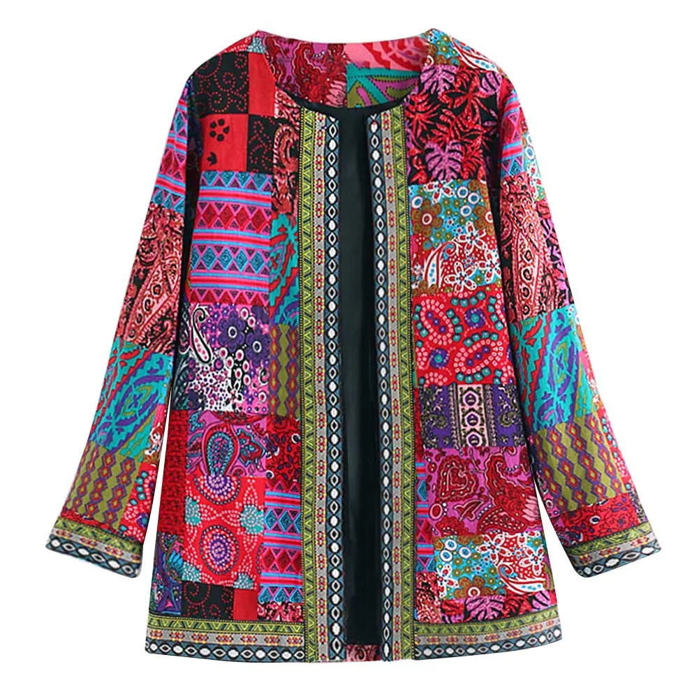 FashionSierra - Ethnic Floral Print Long Sleeve Loose Jacket Coat Loose Outerwear Chic Cardigan