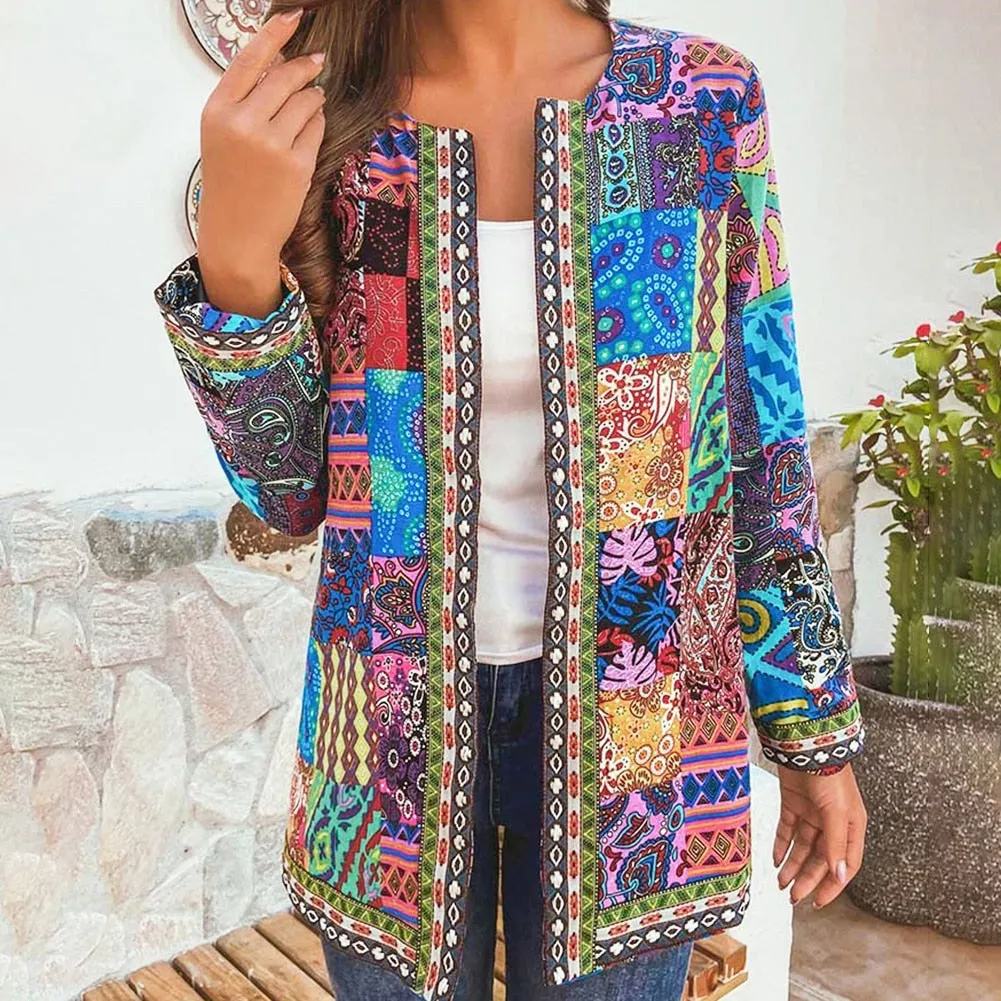 FashionSierra - Ethnic Floral Print Long Sleeve Loose Jacket Coat Loose Outerwear Chic Cardigan