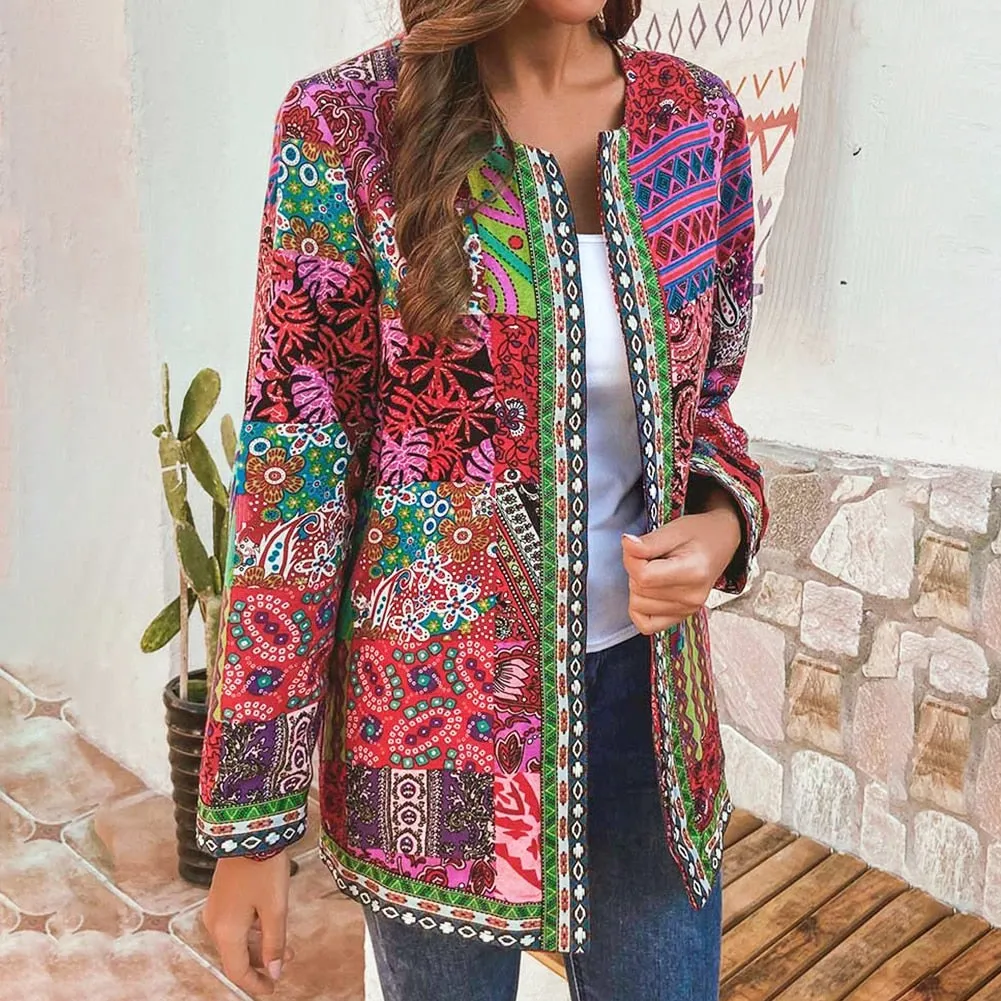 FashionSierra - Ethnic Floral Print Long Sleeve Loose Jacket Coat Loose Outerwear Chic Cardigan
