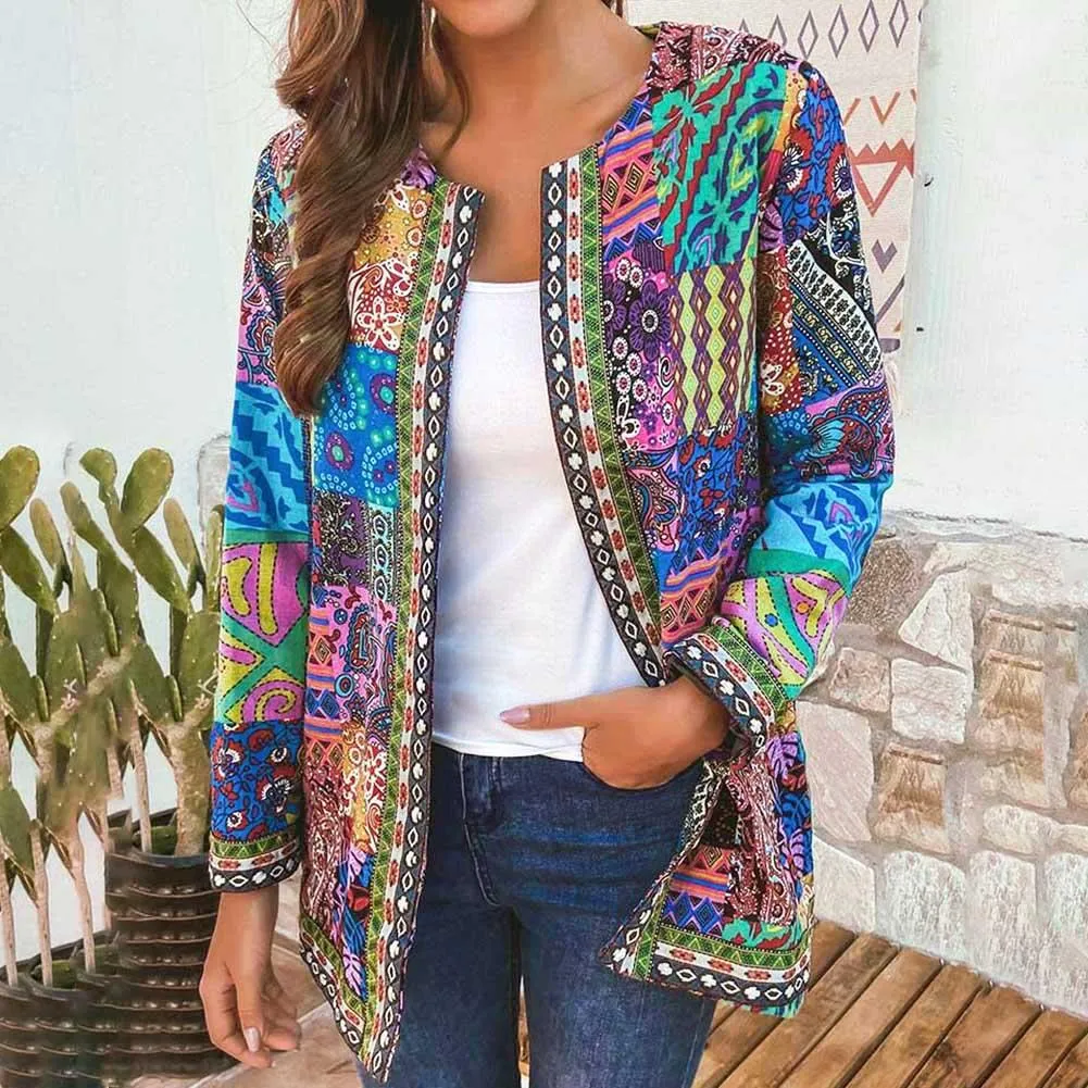 FashionSierra - Ethnic Floral Print Long Sleeve Loose Jacket Coat Loose Outerwear Chic Cardigan