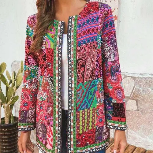 FashionSierra - Ethnic Floral Print Long Sleeve Loose Jacket Coat Loose Outerwear Chic Cardigan