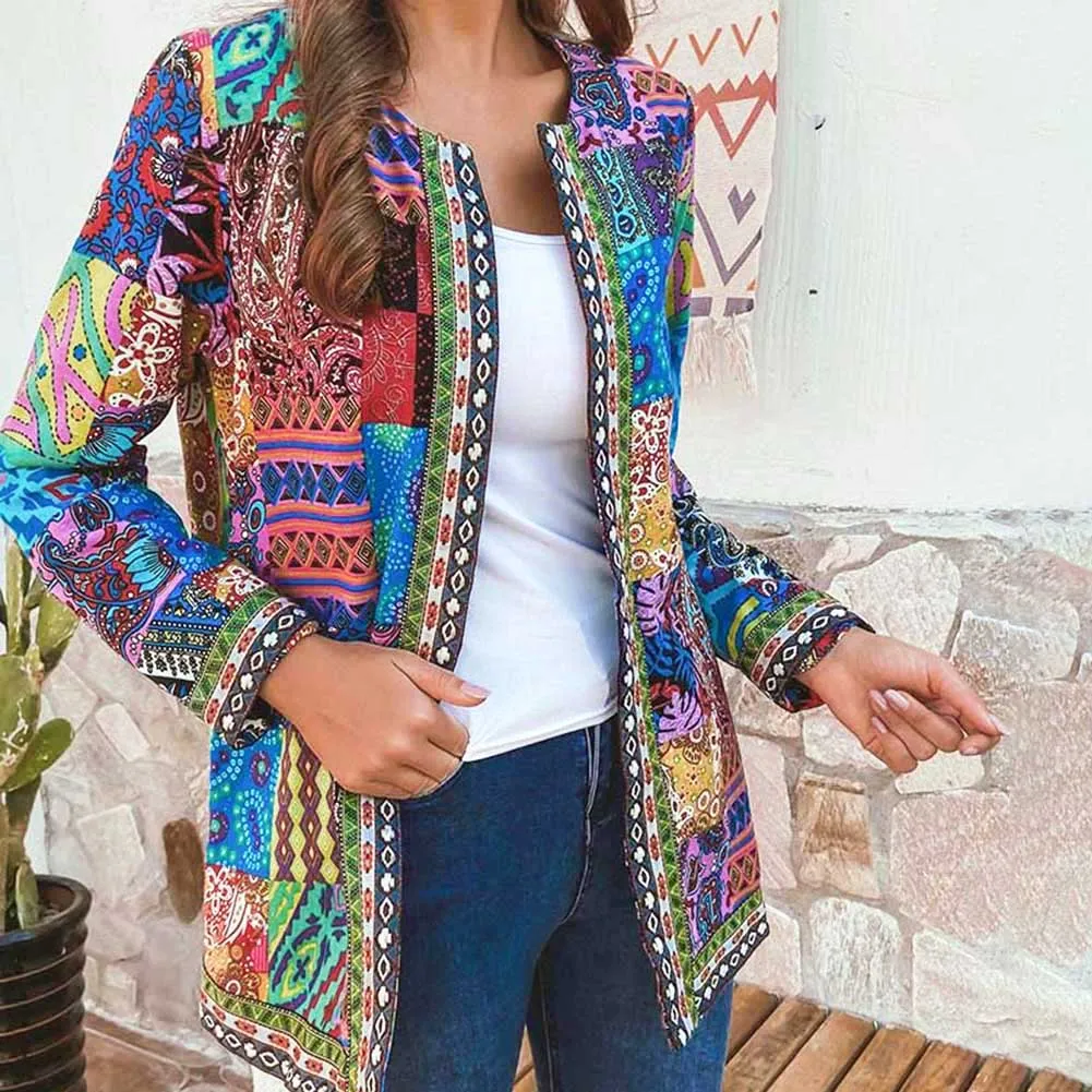 FashionSierra - Ethnic Floral Print Long Sleeve Loose Jacket Coat Loose Outerwear Chic Cardigan