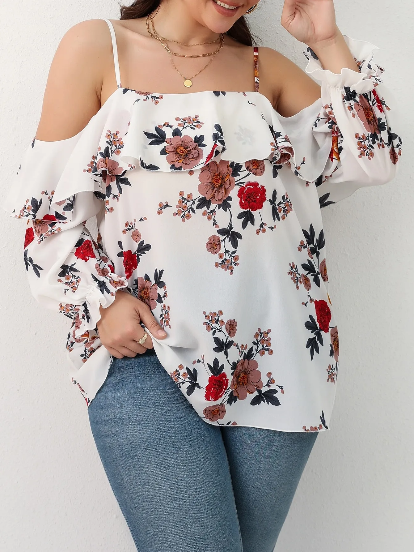 Floral Ruffle Long Sleeve Cold Shoulder Semi-Sheer Long Plus Size Blouse