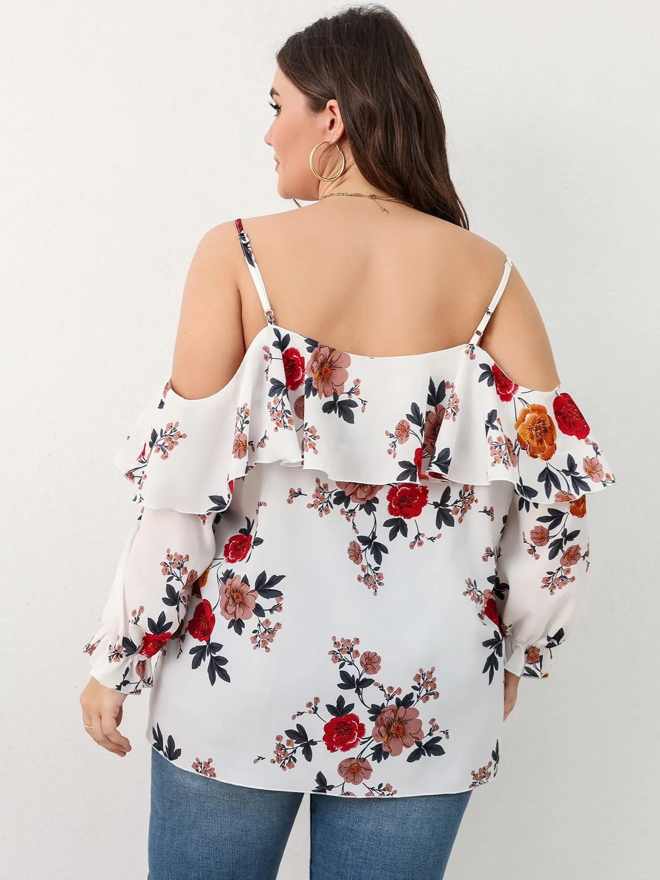 Floral Ruffle Long Sleeve Cold Shoulder Semi-Sheer Long Plus Size Blouse