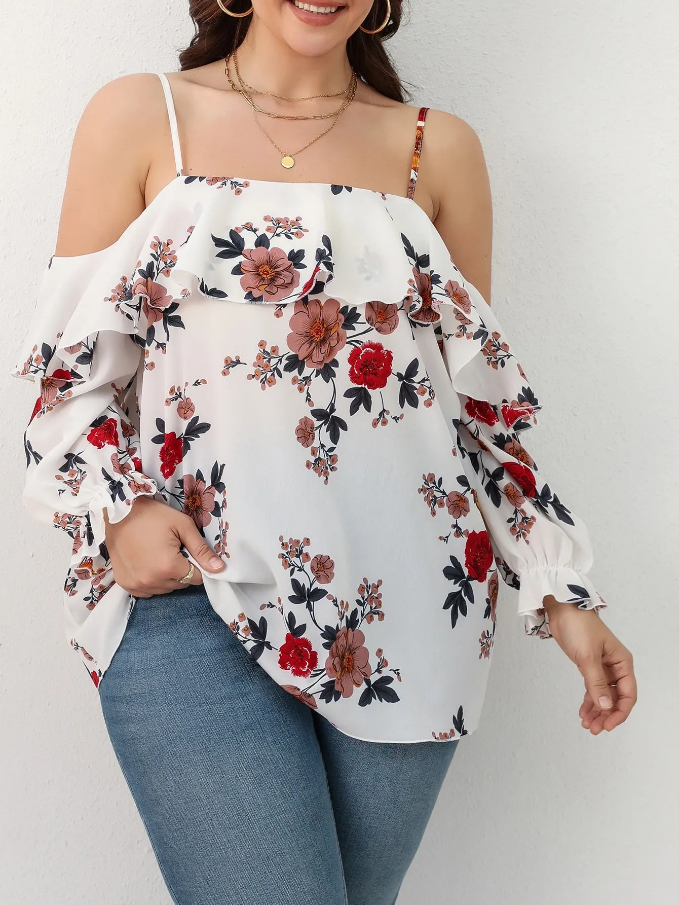 Floral Ruffle Long Sleeve Cold Shoulder Semi-Sheer Long Plus Size Blouse