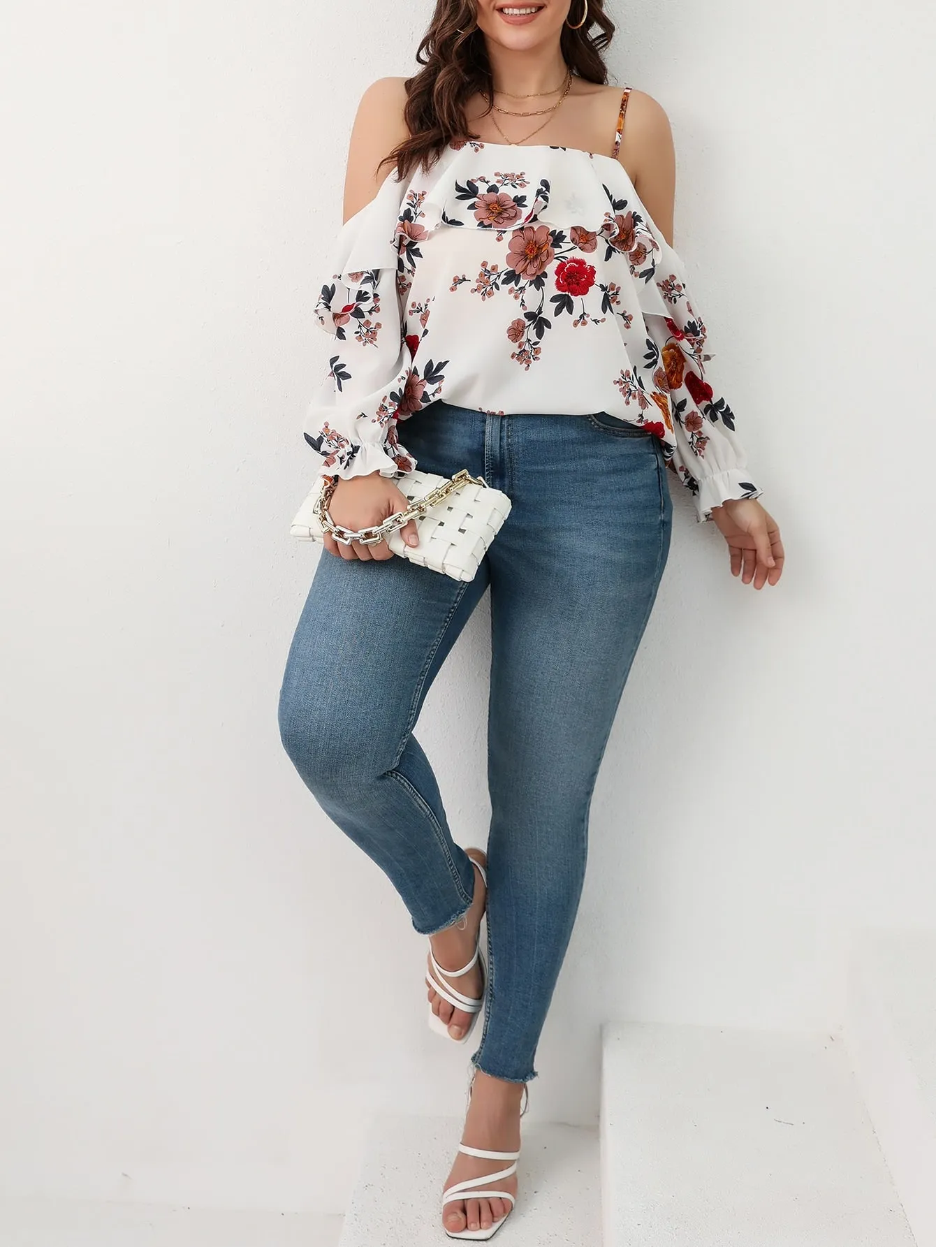 Floral Ruffle Long Sleeve Cold Shoulder Semi-Sheer Long Plus Size Blouse