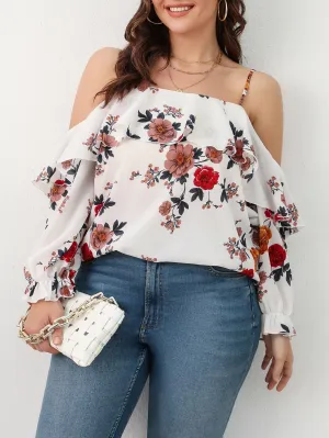 Floral Ruffle Long Sleeve Cold Shoulder Semi-Sheer Long Plus Size Blouse