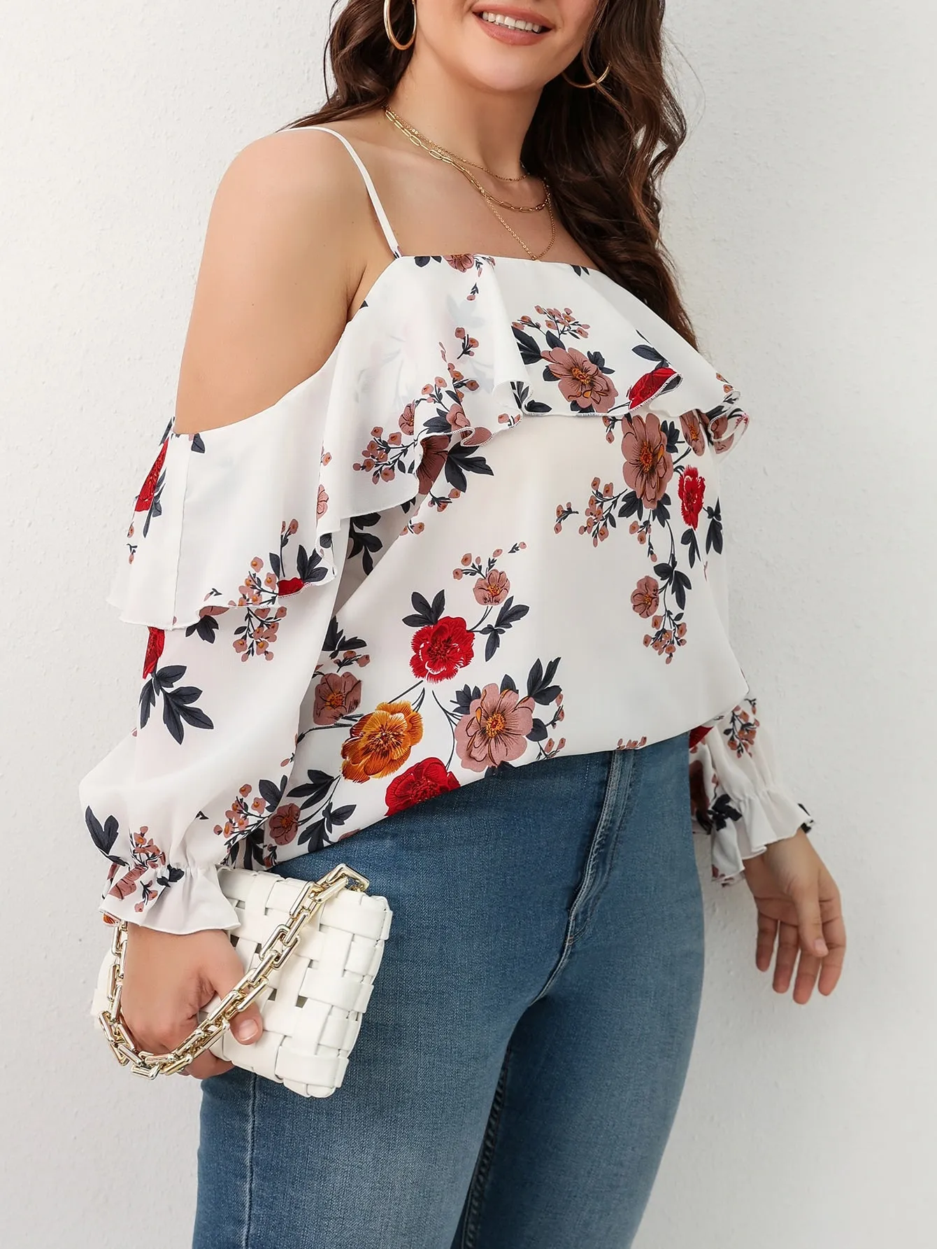 Floral Ruffle Long Sleeve Cold Shoulder Semi-Sheer Long Plus Size Blouse