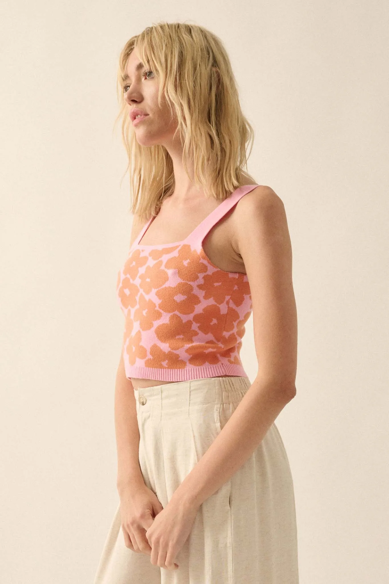 Flower Shop Floral Knit Cropped Sweater Tank Top
