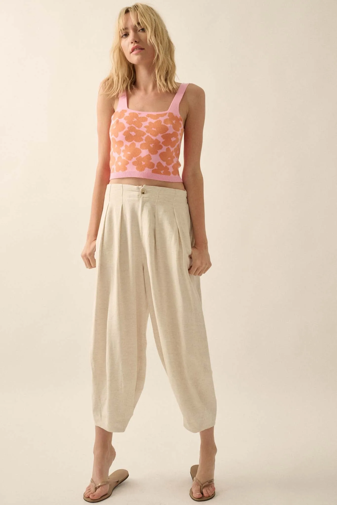 Flower Shop Floral Knit Cropped Sweater Tank Top