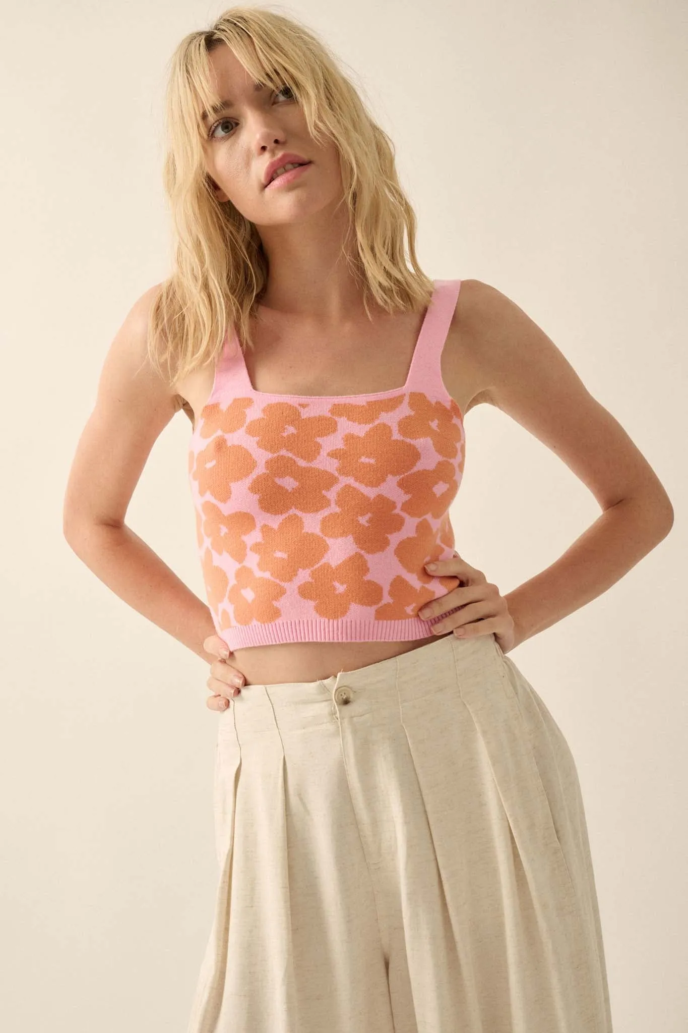 Flower Shop Floral Knit Cropped Sweater Tank Top