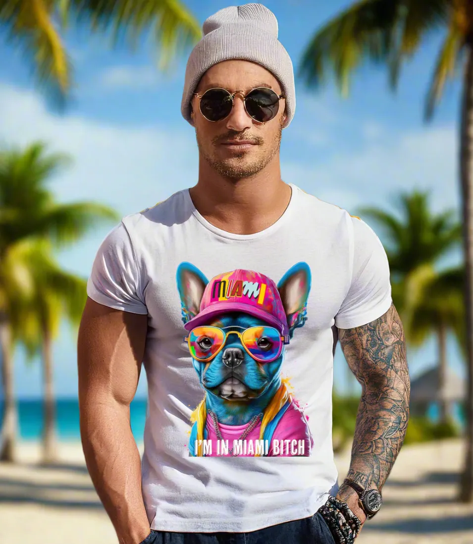 Frenchie Pink Miami Art White Collection T-Shirt - Unique and Exclusive Design | Grooveman Music TM