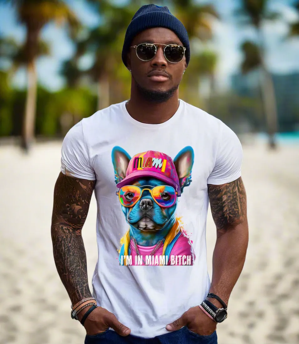 Frenchie Pink Miami Art White Collection T-Shirt - Unique and Exclusive Design | Grooveman Music TM