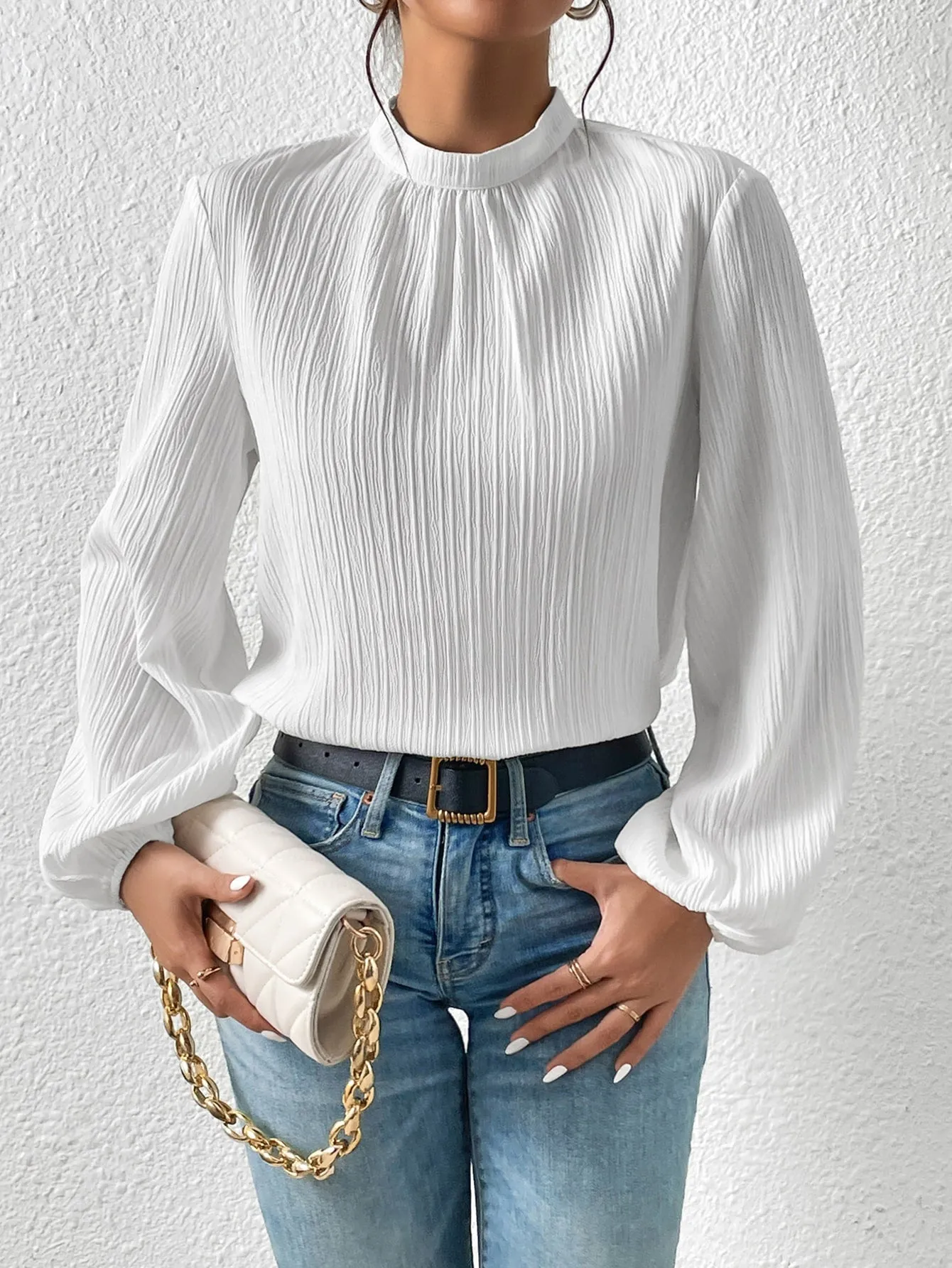 Frenchy Mock Neck Keyhole Back Blouse