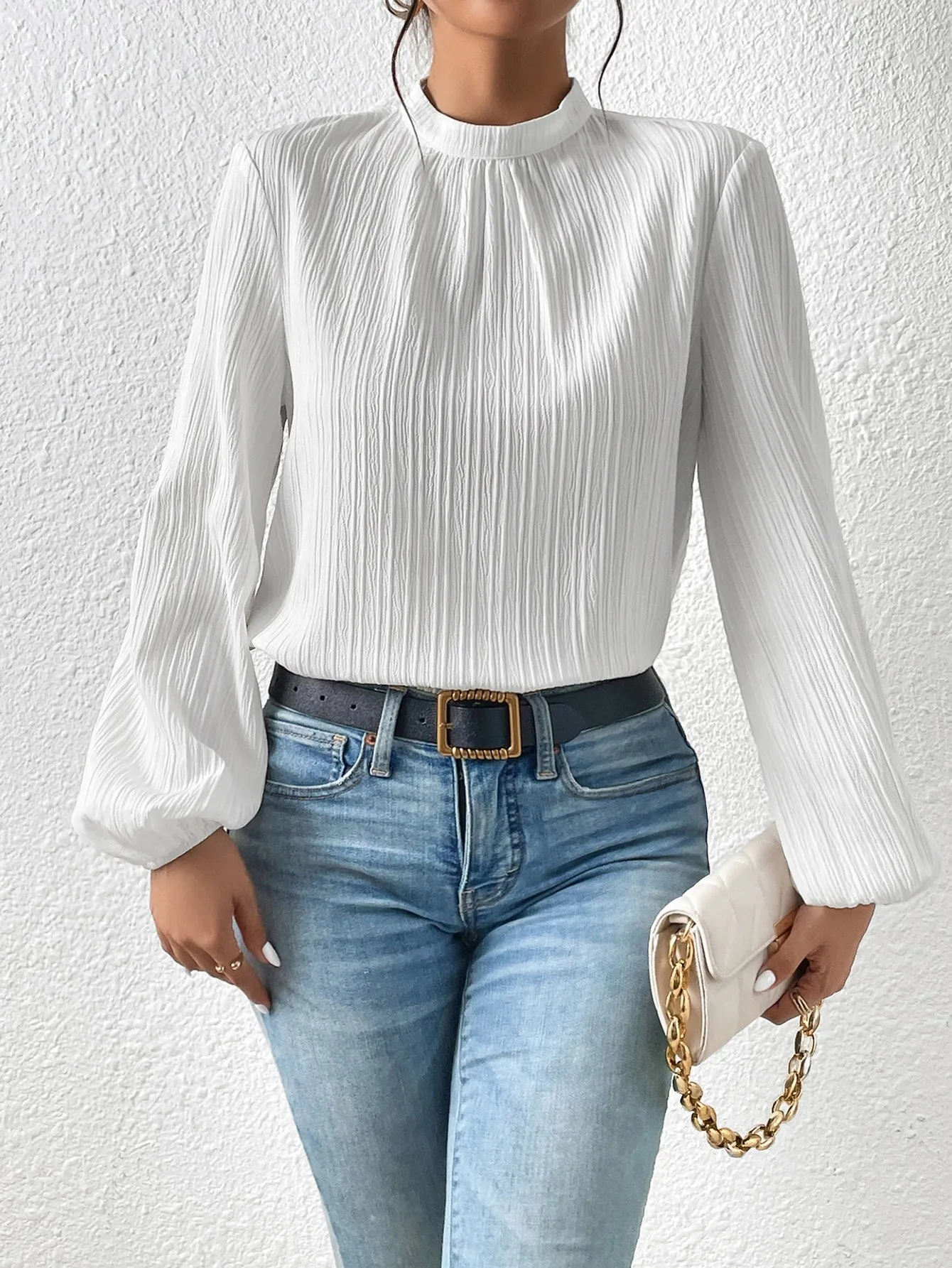 Frenchy Mock Neck Keyhole Back Blouse