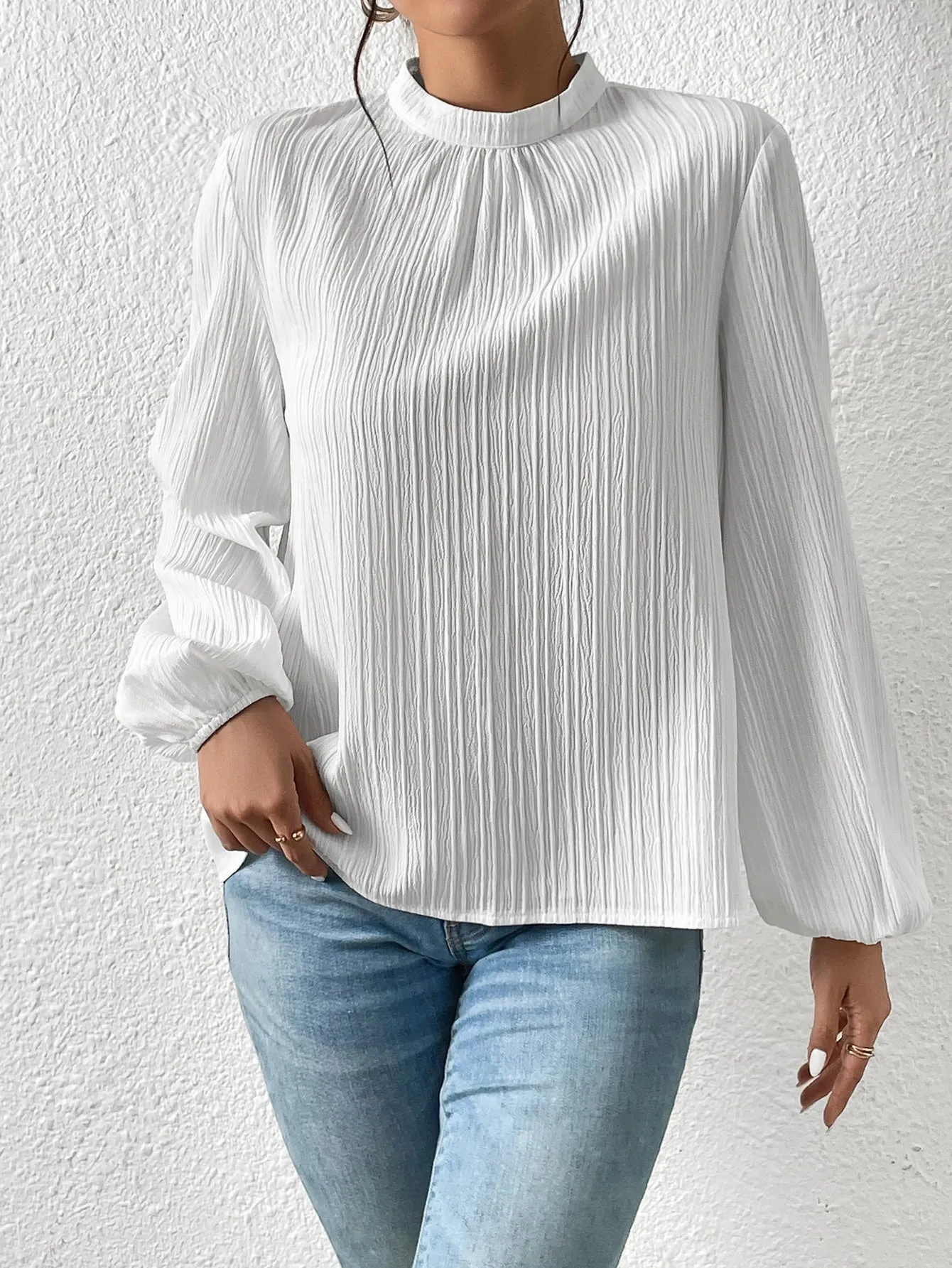 Frenchy Mock Neck Keyhole Back Blouse
