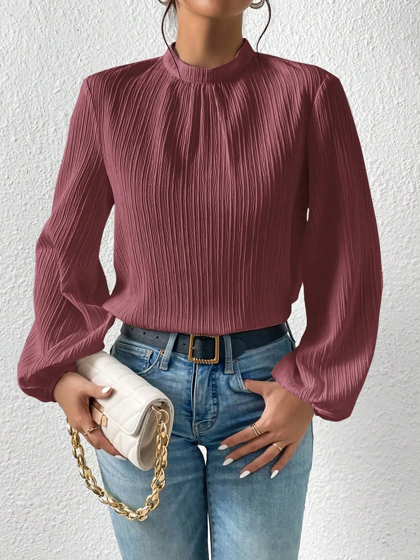 Frenchy Mock Neck Keyhole Back Blouse