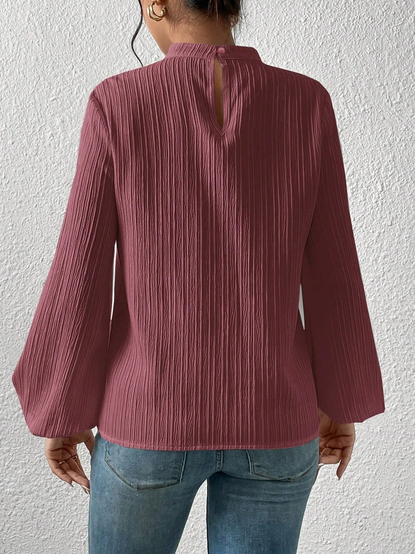 Frenchy Mock Neck Keyhole Back Blouse