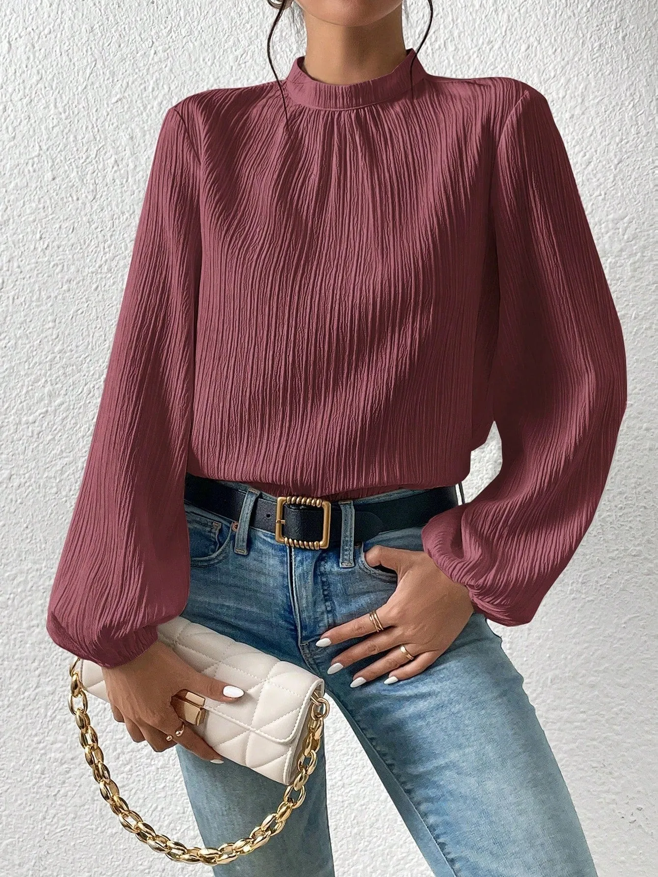 Frenchy Mock Neck Keyhole Back Blouse