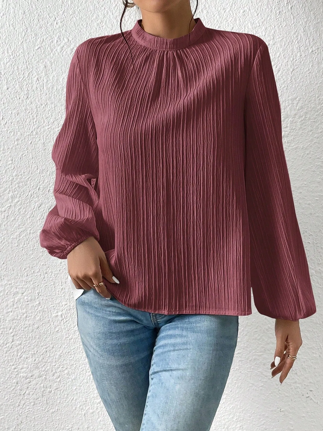 Frenchy Mock Neck Keyhole Back Blouse