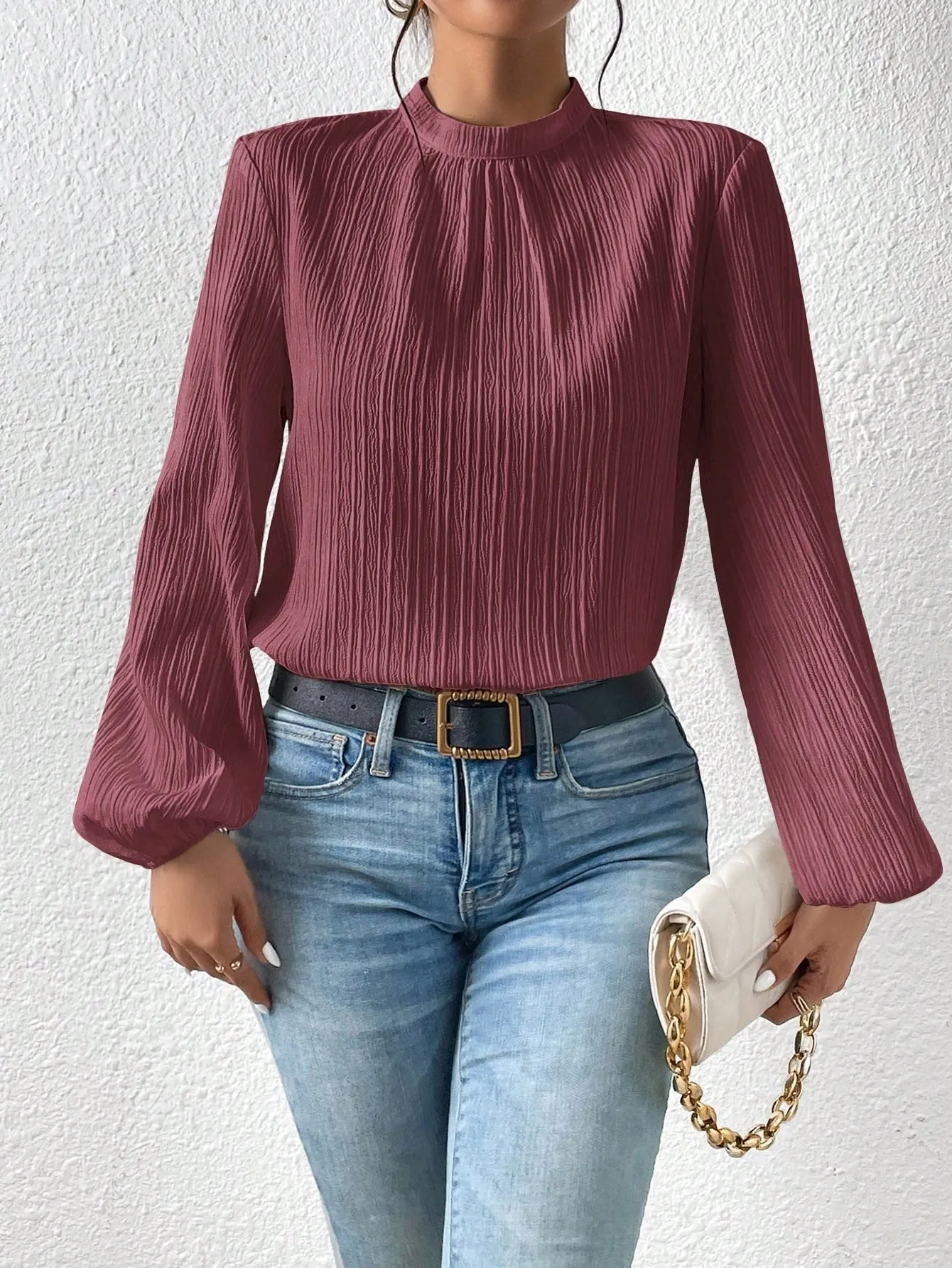 Frenchy Mock Neck Keyhole Back Blouse