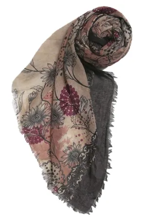 Fringe Edge Scarf Wrap  in Antique Floral  Print