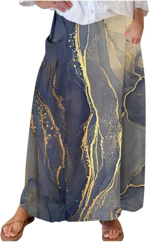 FZYLQY 2025 Summer Maxi Skirt for Women Casual Elegant Boho Elastic High Waist Pleated A-Line Skirts Flowy Swing Beach Skirt
