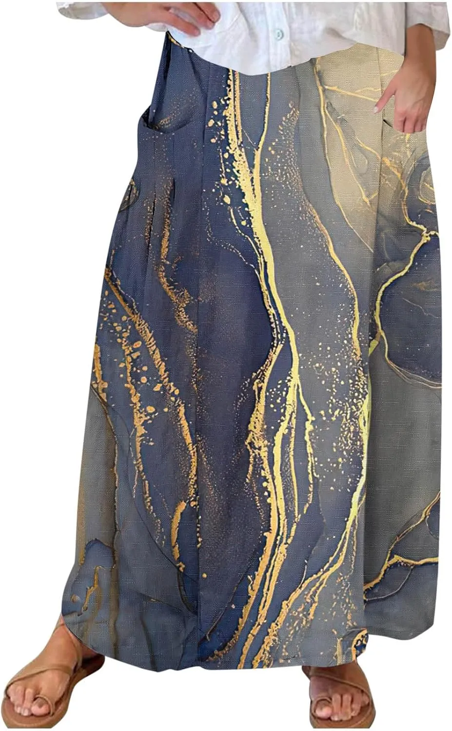 FZYLQY 2025 Summer Maxi Skirt for Women Casual Elegant Boho Elastic High Waist Pleated A-Line Skirts Flowy Swing Beach Skirt