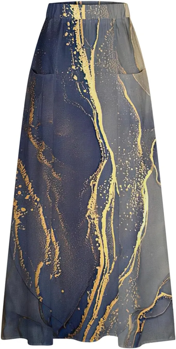 FZYLQY 2025 Summer Maxi Skirt for Women Casual Elegant Boho Elastic High Waist Pleated A-Line Skirts Flowy Swing Beach Skirt