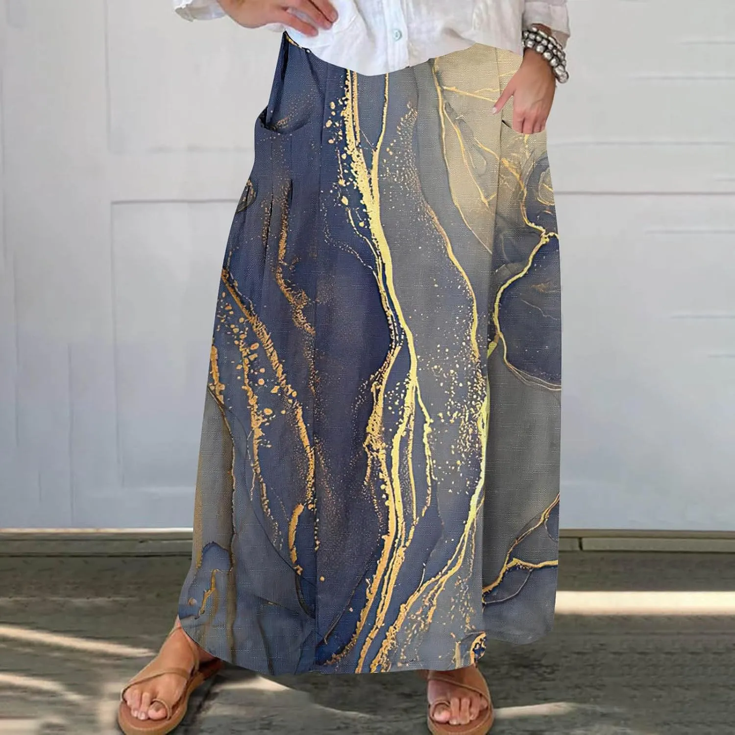 FZYLQY 2025 Summer Maxi Skirt for Women Casual Elegant Boho Elastic High Waist Pleated A-Line Skirts Flowy Swing Beach Skirt
