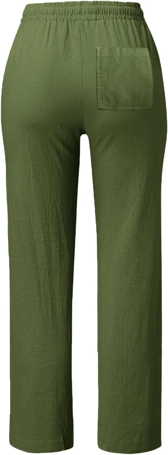 GIERIDUC Womens Linen Pants 2025 Spring Casual Loose Wide Leg Palazzo Pants Drawstring High Waist Flowy Summer Beach Trousers