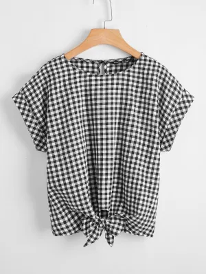 Gingham Knot Short Sleeve Round Neck Regular Plus Size Blouse