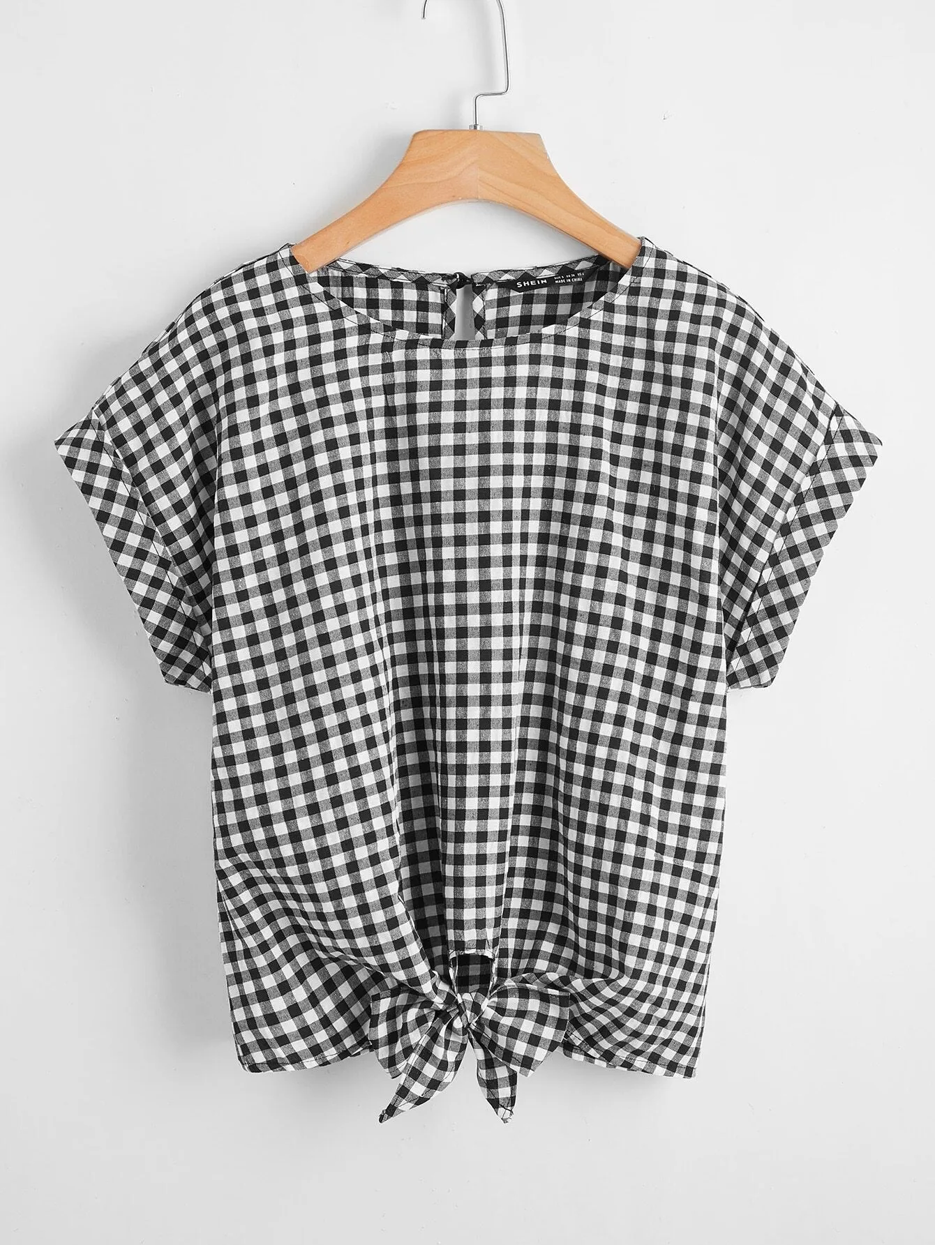 Gingham Knot Short Sleeve Round Neck Regular Plus Size Blouse