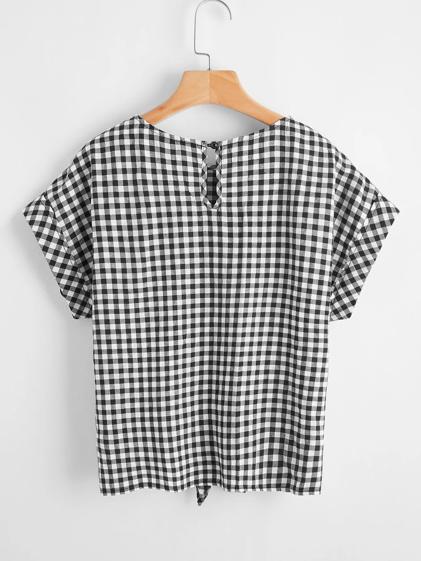 Gingham Knot Short Sleeve Round Neck Regular Plus Size Blouse