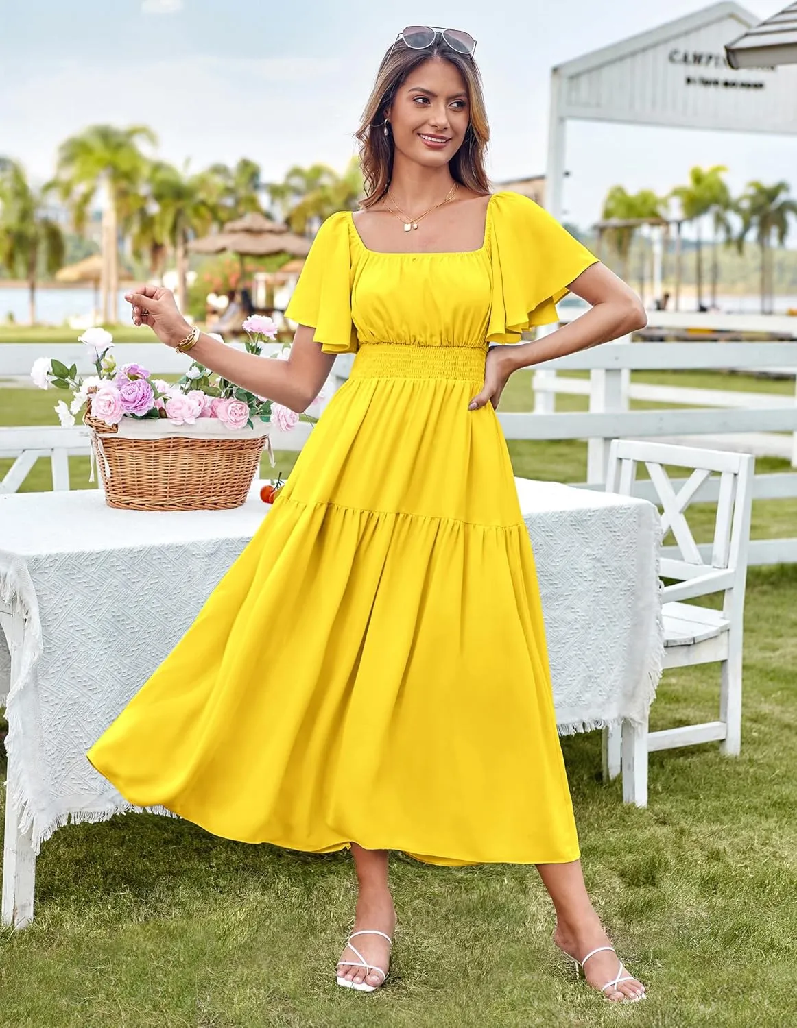 GRACE KARIN Women's Summer Short Sleeve Square Neck Smocked Waist Casual Vacation Tiered Flowy Maxi Dress