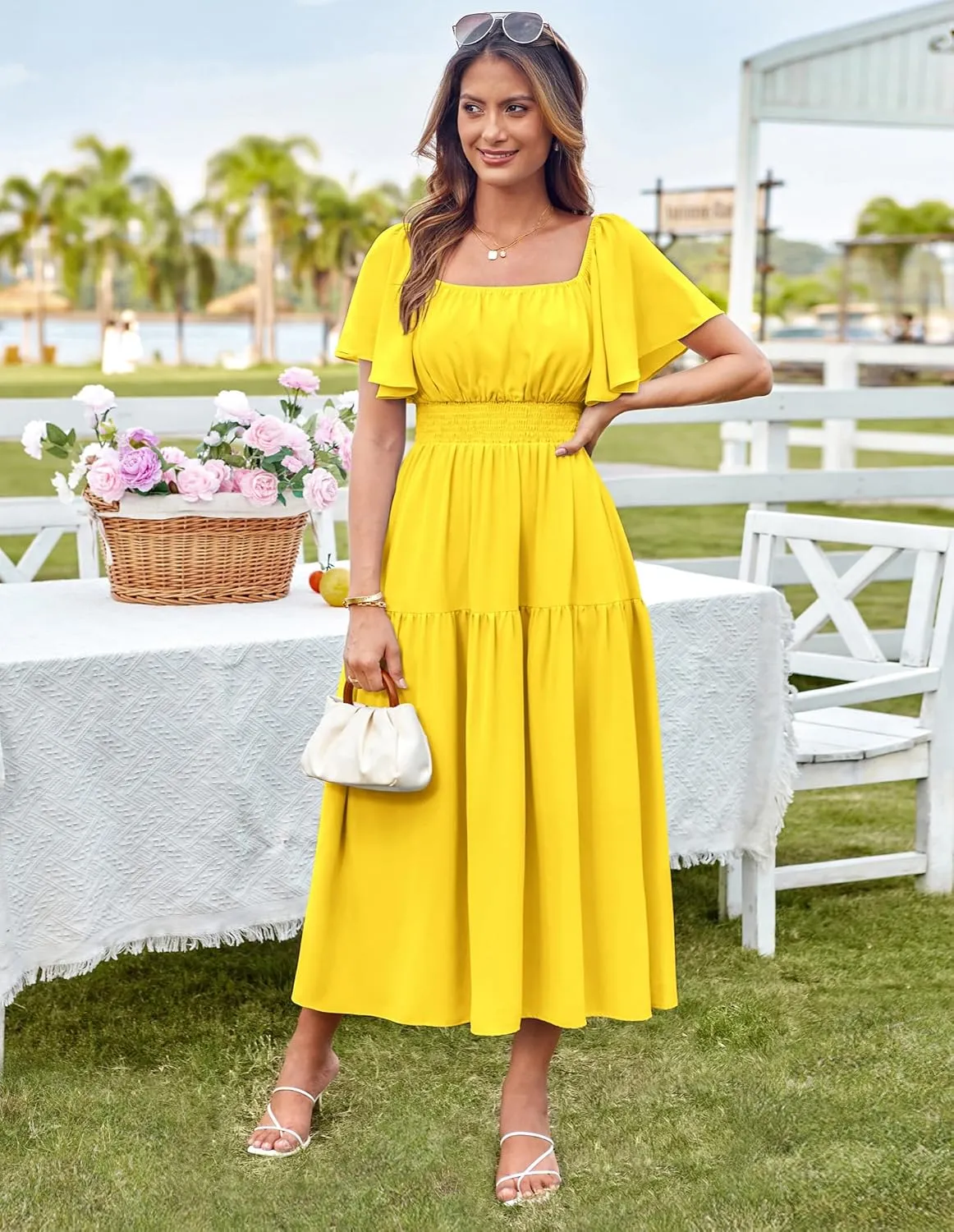 GRACE KARIN Women's Summer Short Sleeve Square Neck Smocked Waist Casual Vacation Tiered Flowy Maxi Dress