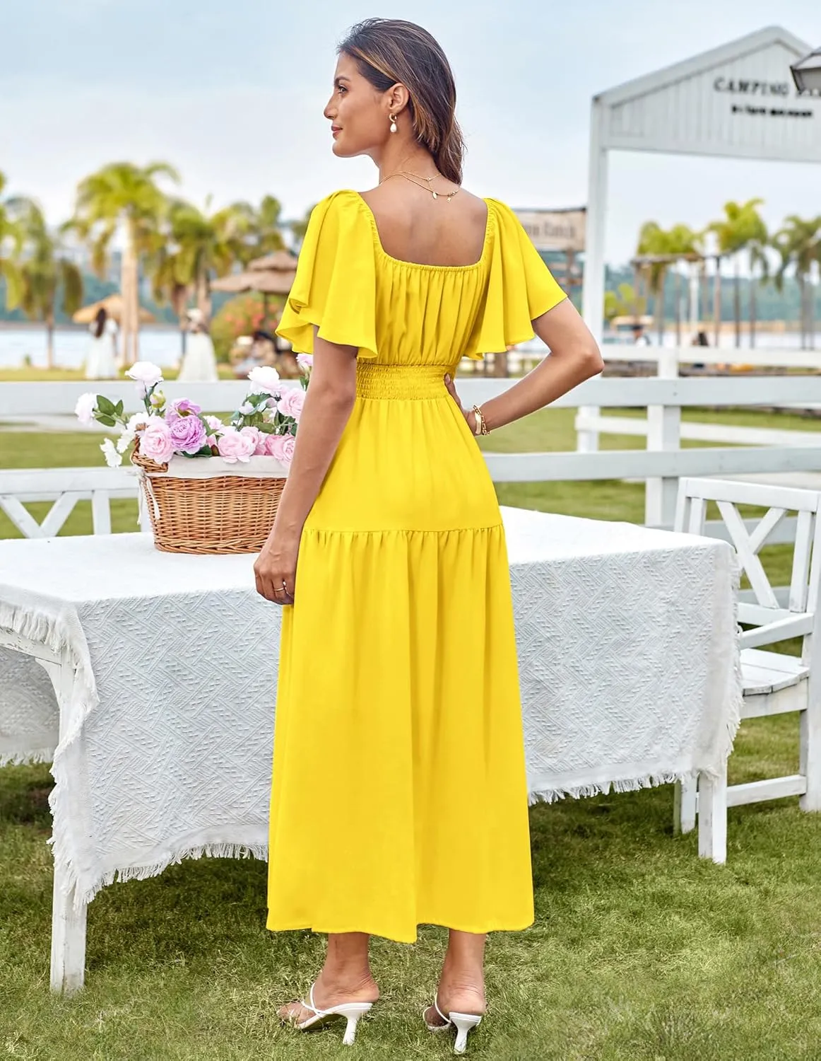GRACE KARIN Women's Summer Short Sleeve Square Neck Smocked Waist Casual Vacation Tiered Flowy Maxi Dress
