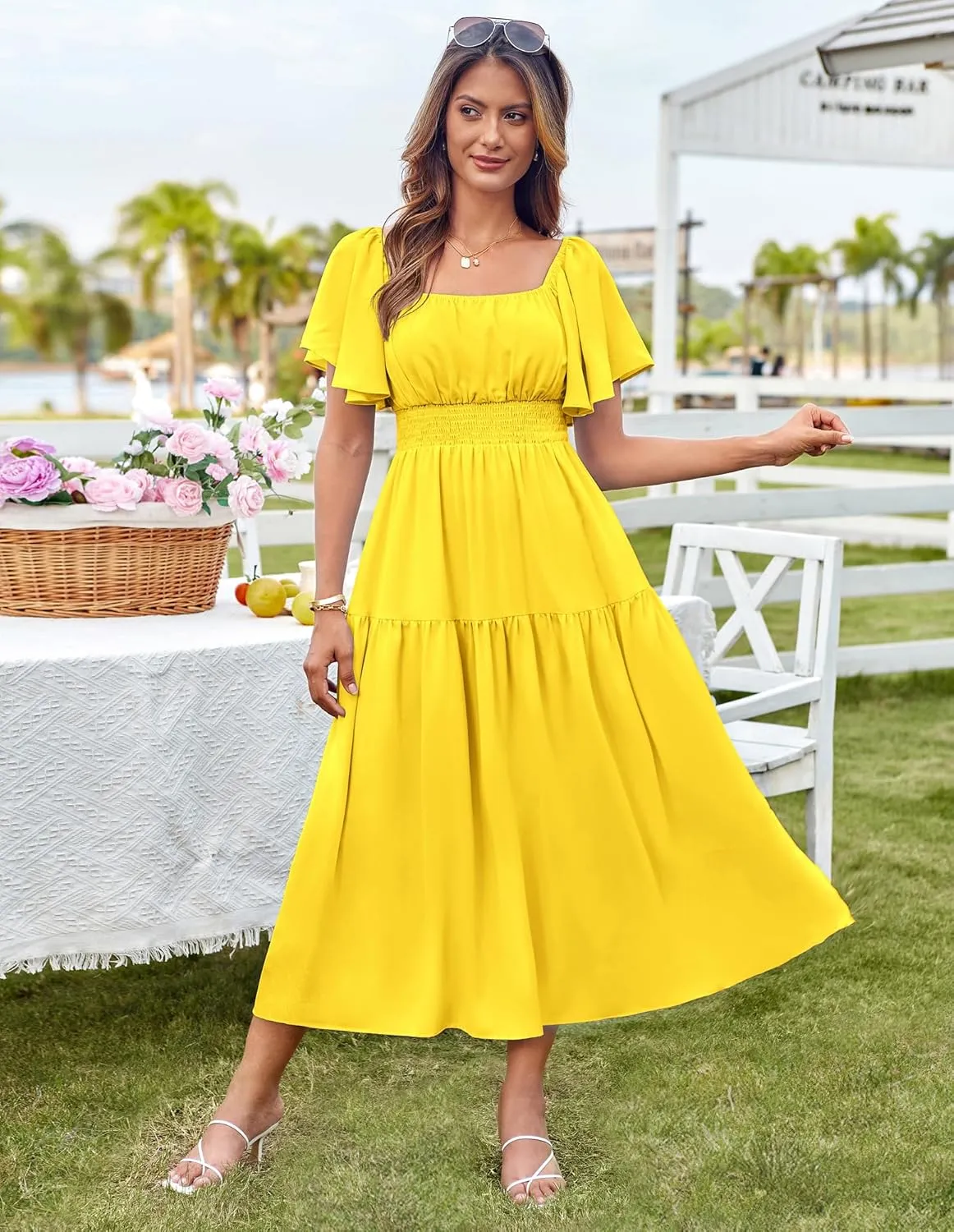 GRACE KARIN Women's Summer Short Sleeve Square Neck Smocked Waist Casual Vacation Tiered Flowy Maxi Dress