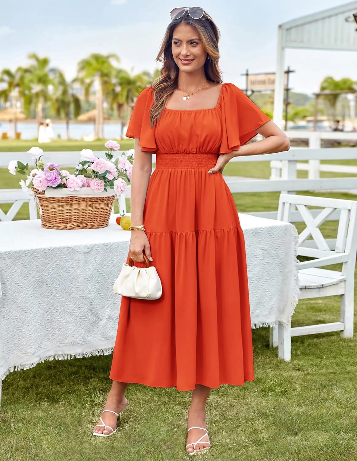 GRACE KARIN Women's Summer Short Sleeve Square Neck Smocked Waist Casual Vacation Tiered Flowy Maxi Dress