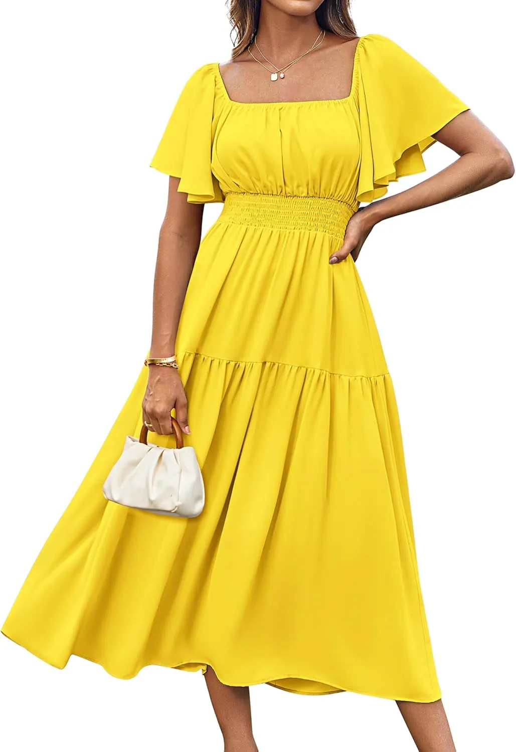 GRACE KARIN Women's Summer Short Sleeve Square Neck Smocked Waist Casual Vacation Tiered Flowy Maxi Dress
