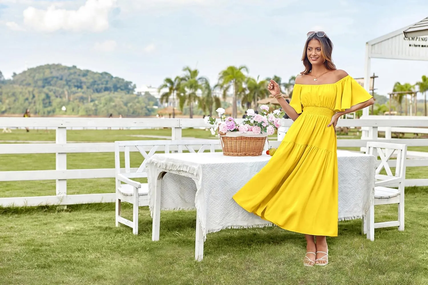 GRACE KARIN Women's Summer Short Sleeve Square Neck Smocked Waist Casual Vacation Tiered Flowy Maxi Dress